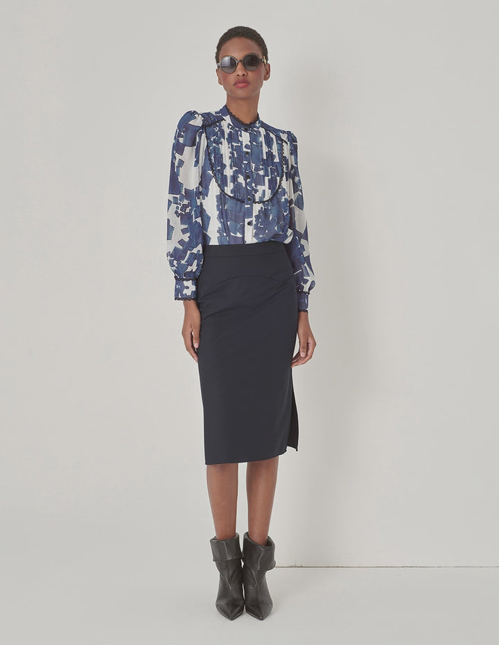 MARYLING Blue And White Gravel Collar Stitching Lace Top