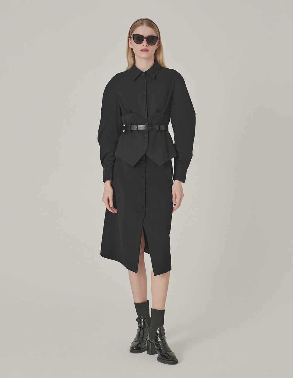 MARYLING Shirt Collar Patchwork Waisted Long Sleeve Jacket