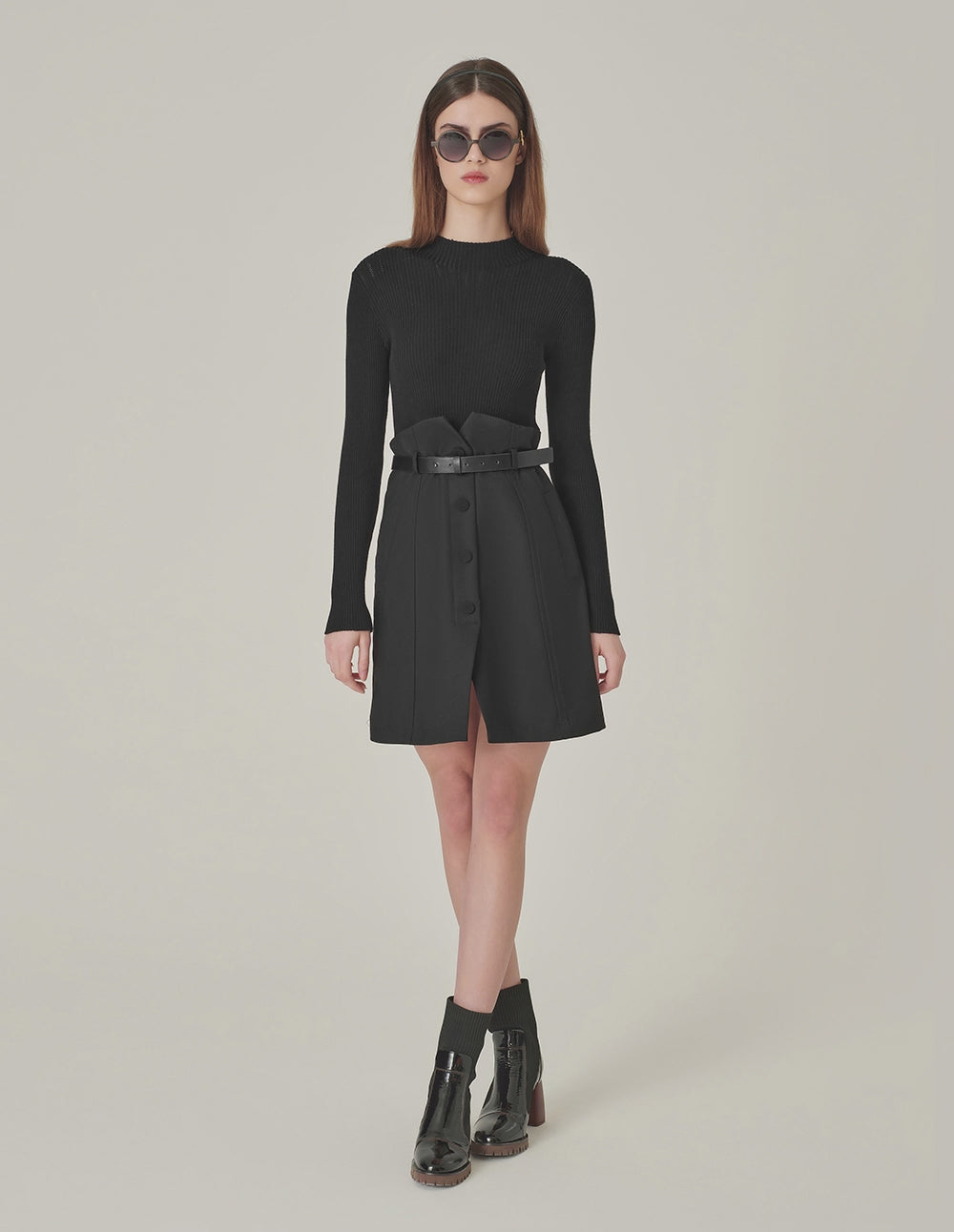 MARYLING Black Faux Wool Knit Slit Dress