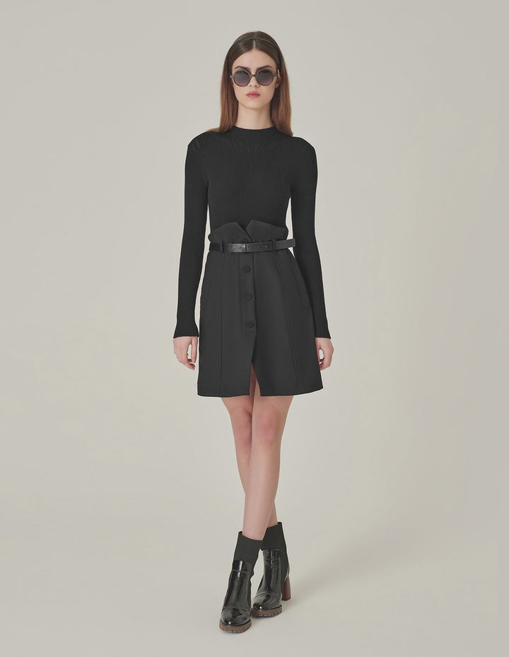 MARYLING Black Faux Wool Knit Slit Dress