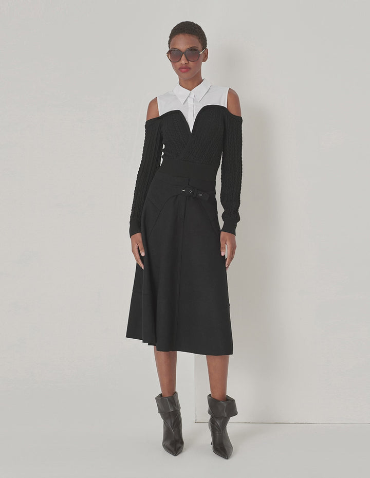 MARYLING Black Curved Waist Split A-Hem Skirt
