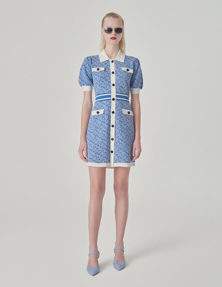 MARYLING Denim Blue T-Shirt Collar Jacquard Knitted Dress