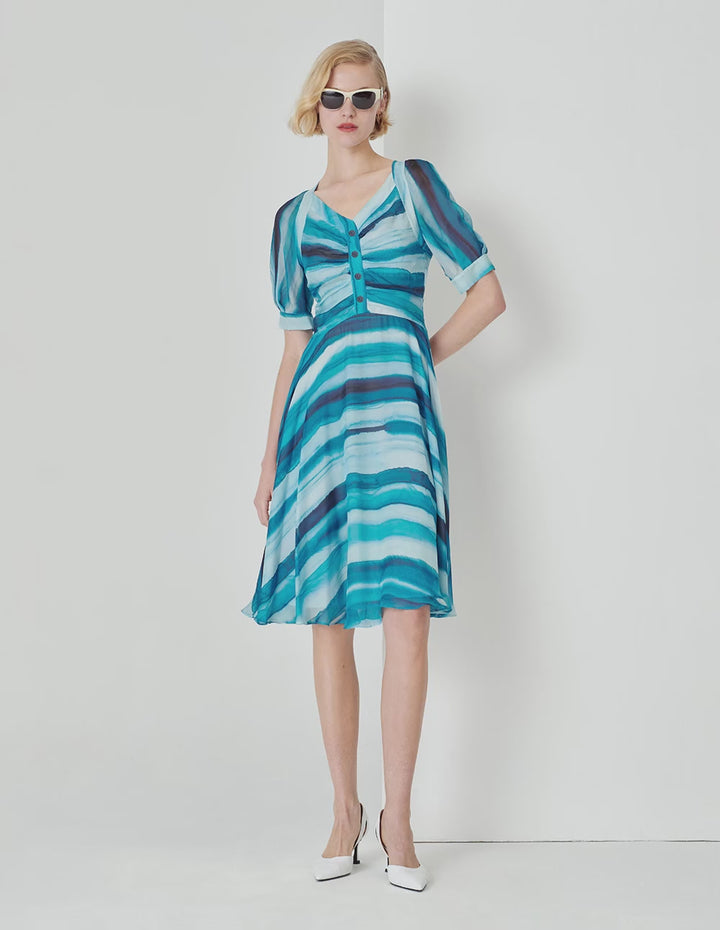 MARYLING Gradient Blue Wave Square Neck Pleated Print Dress