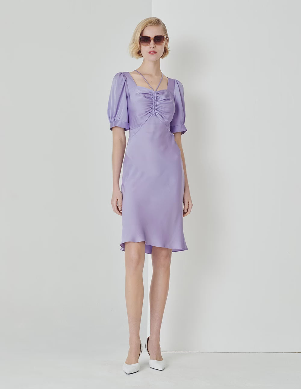 MARYLING Taro Purple Small Shoulder Strap Shirred Short-Sleeved Dress