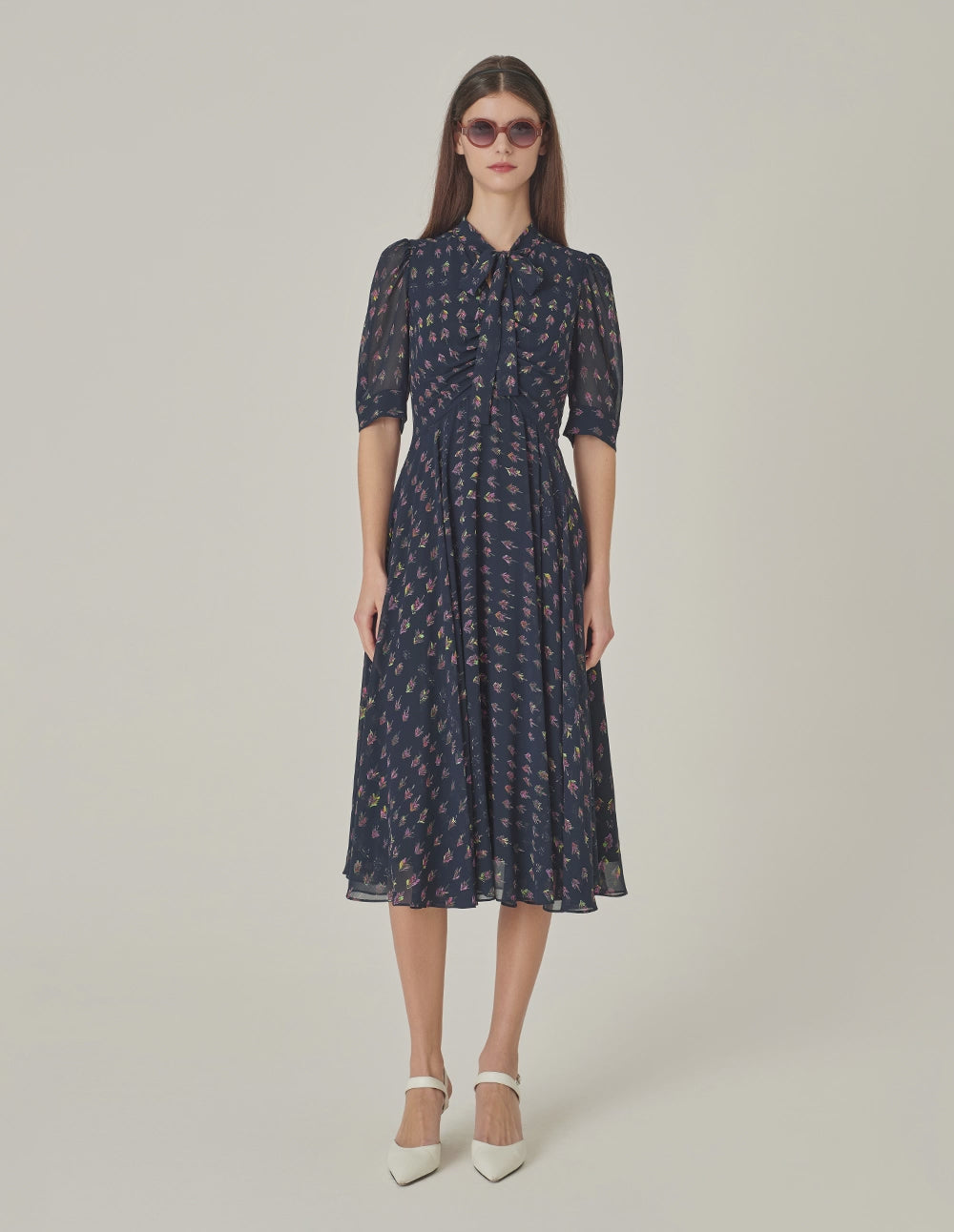 MARYLING V-Neck Ribbon Tree-Printed Blue Dress