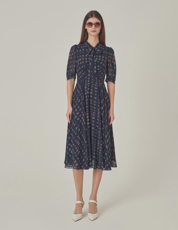 MARYLING V-Neck Ribbon Tree-Printed Blue Dress