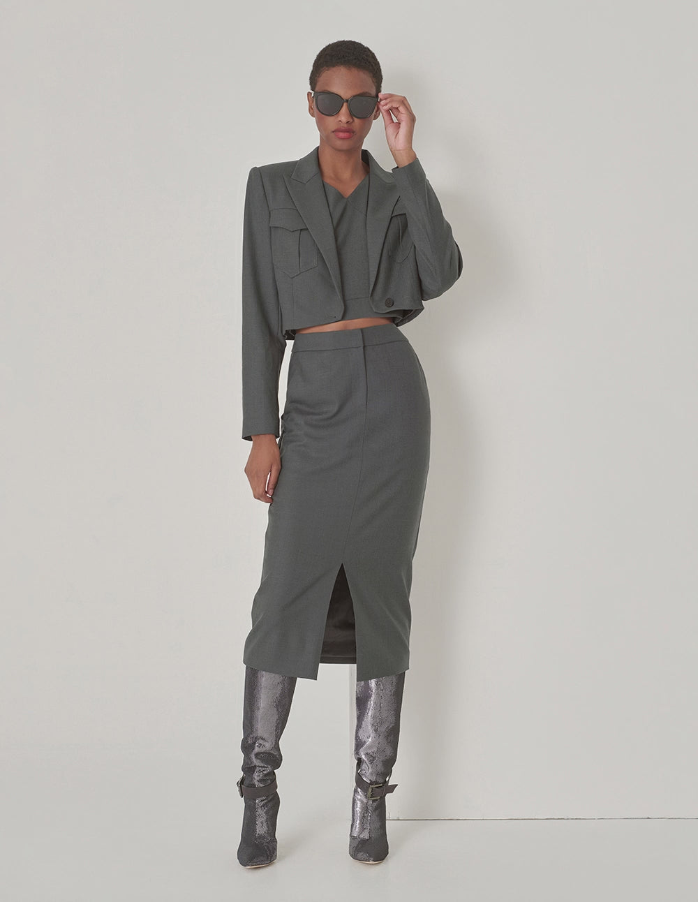 MARYLING Grey Blue Hem Curved Design Retro Blazer