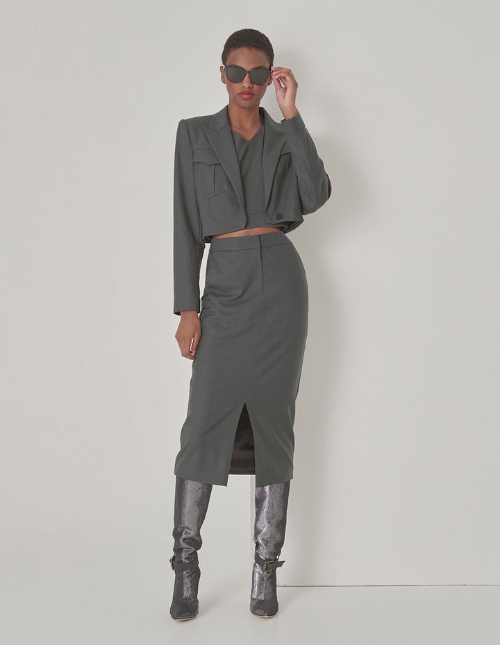 MARYLING Grey Blue Hem Curved Design Retro Blazer