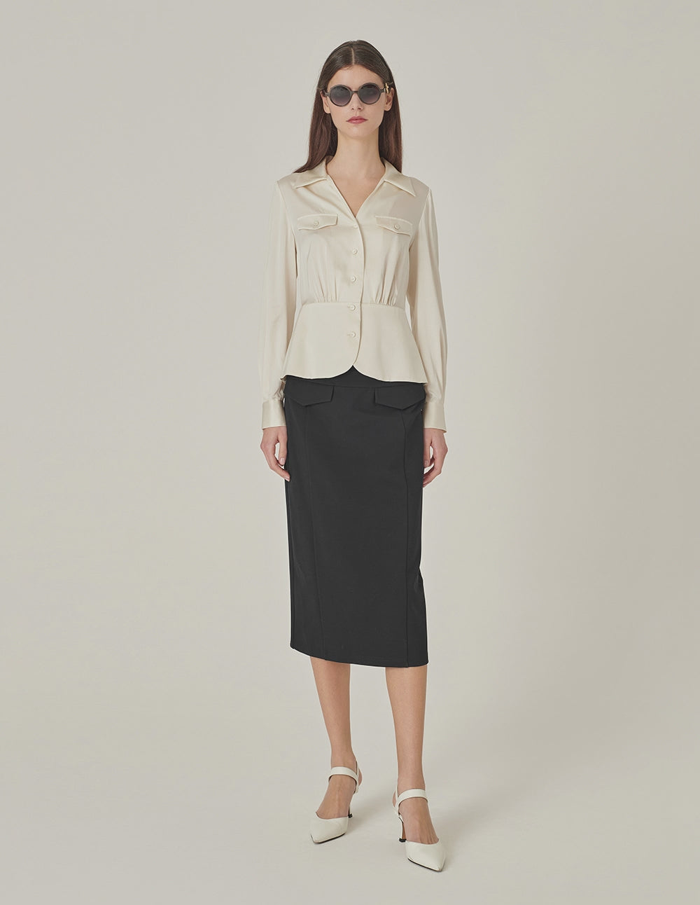MARYLING V-Shaped Shirt-Collar Waisted Cream Silk Top