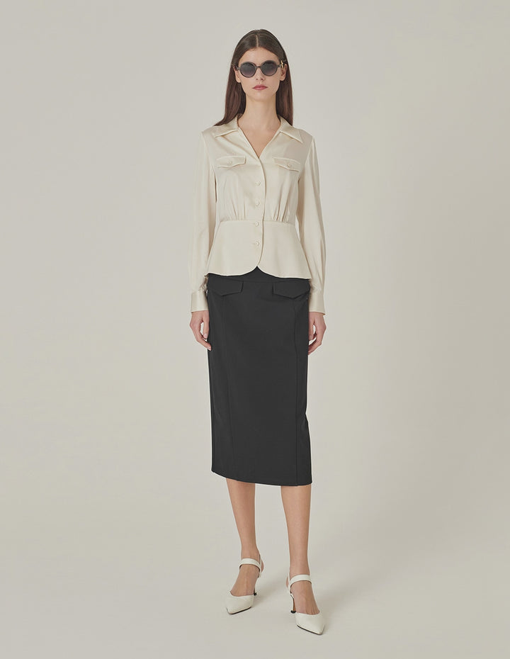 MARYLING V-Shaped Shirt-Collar Waisted Cream Silk Top