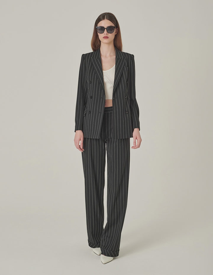 MARYLING Striped Lapel Collar Double-Breasted Blazer