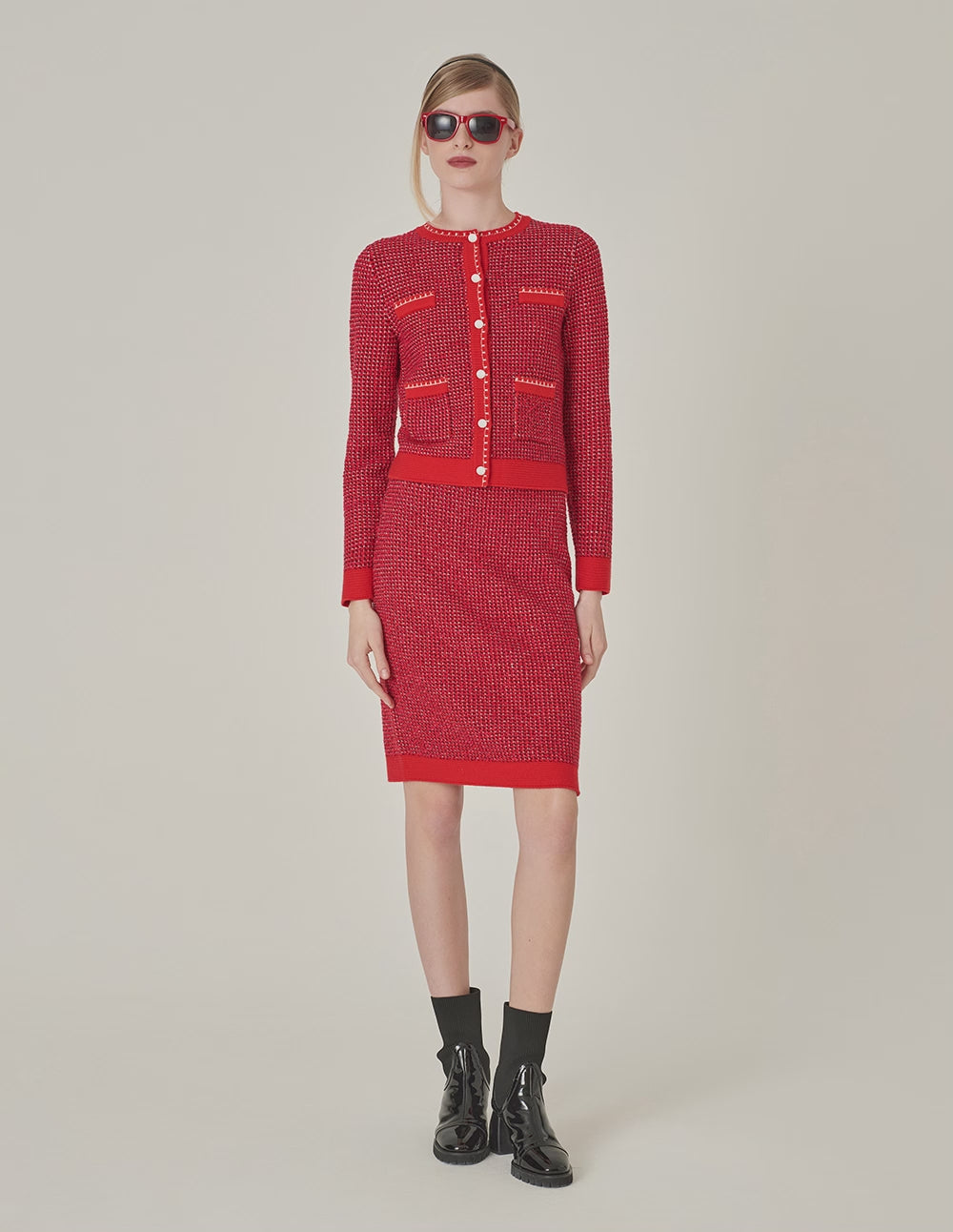 MARYLING Red Straight Fit Knit Midi Pencil Skirt