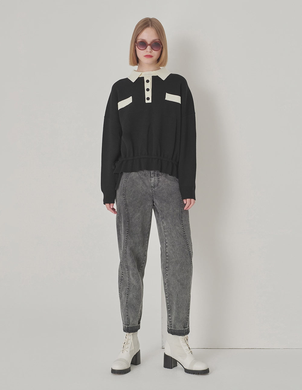 MARYLING Black And White Contrast T-Shirt Collar Knitted Pullover