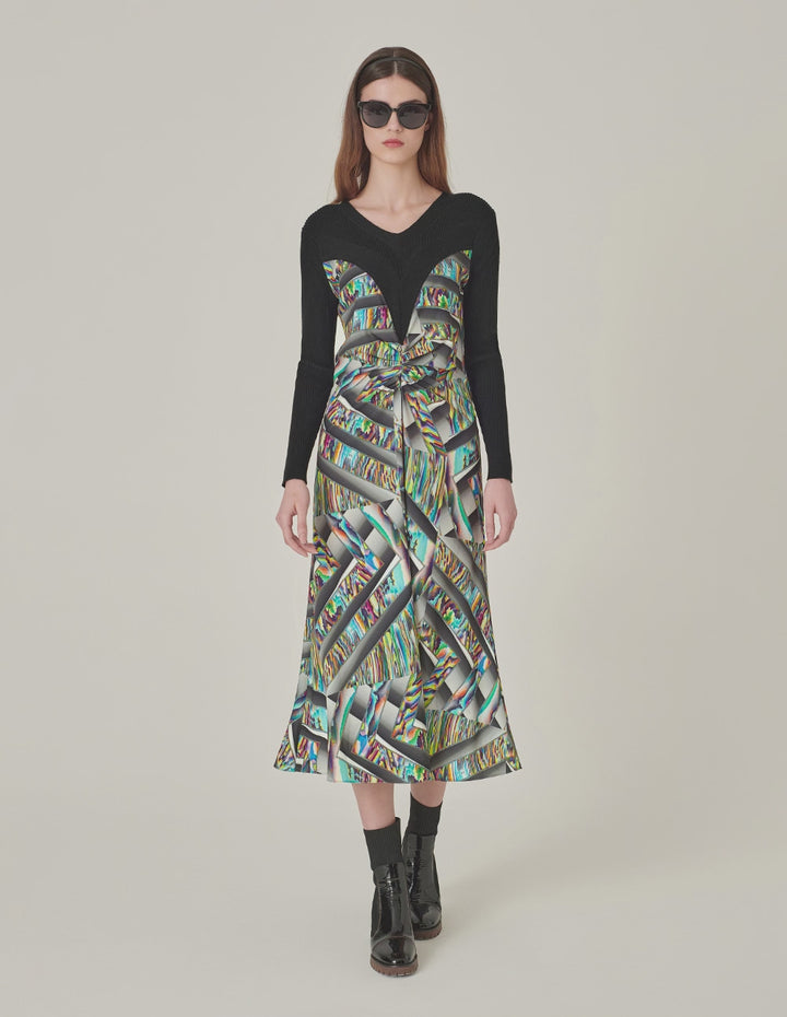 MARYLING Round-Neck Long-Sleeve Empired Knitted Printed Midi Dress