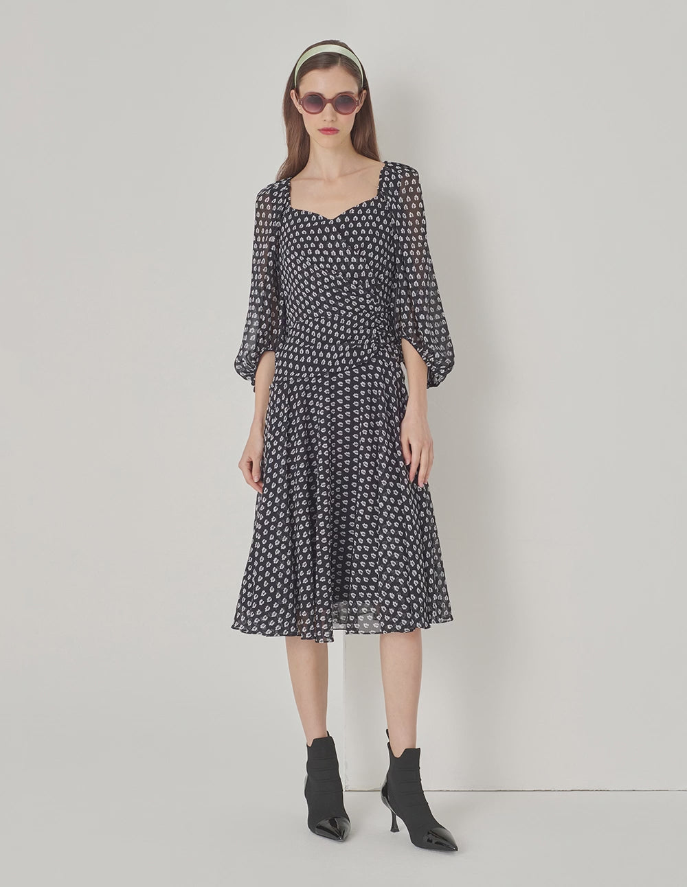 MARYLING Black And White Forest V-Neck Pinched Puff Sleeve Dress