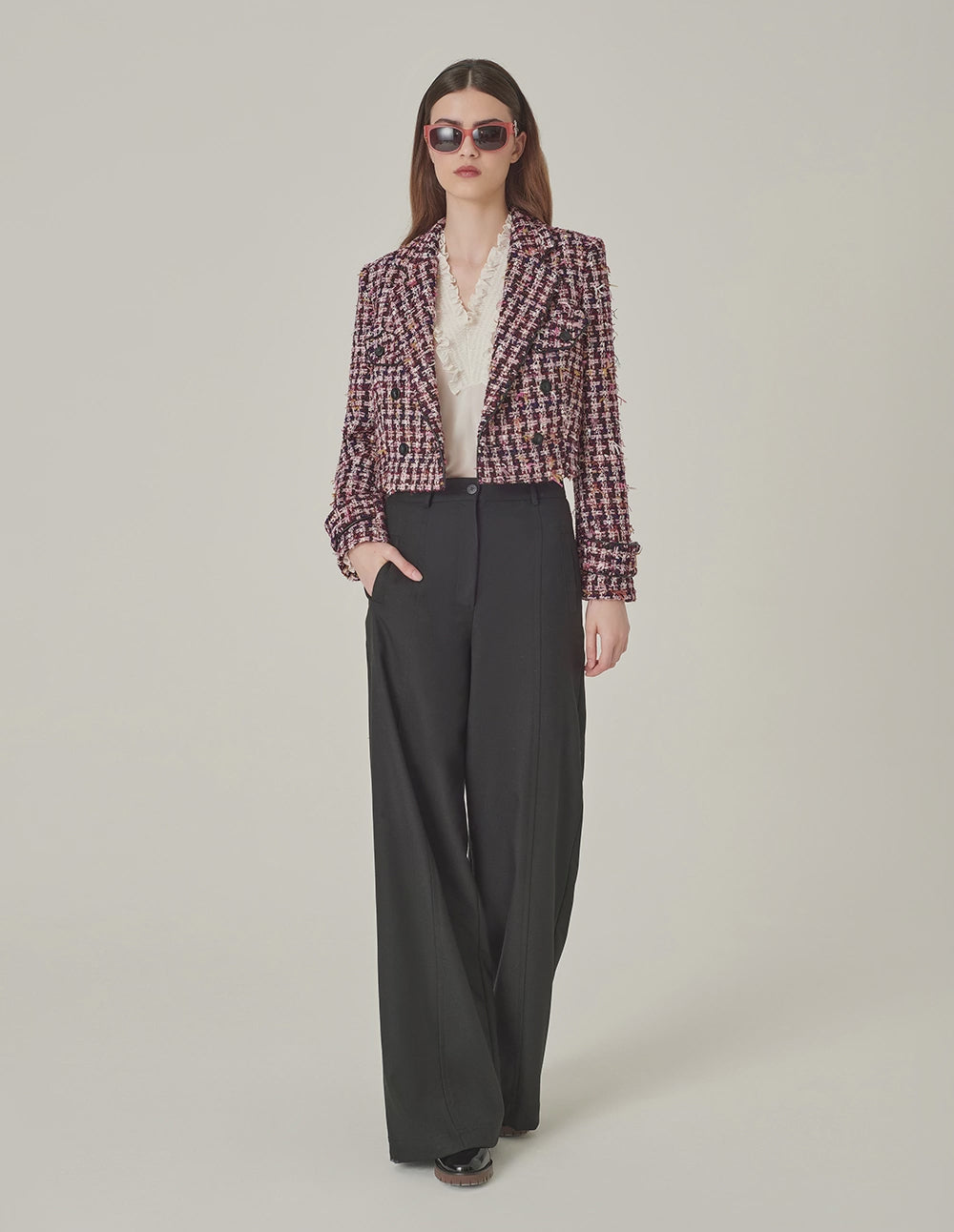 MARYLING Pink & Black Plaid H-Shaped Cropped Tweed Jacket
