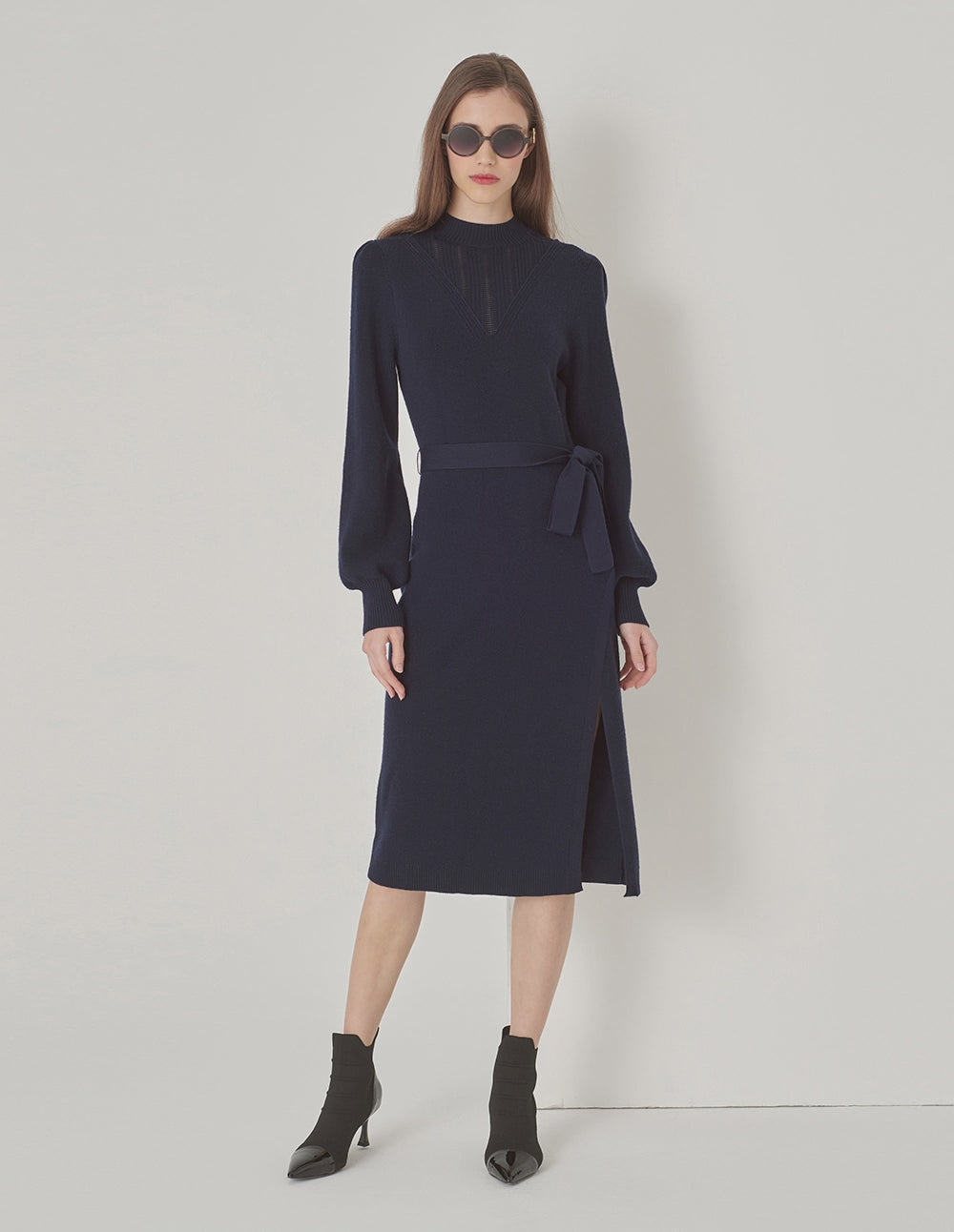 MARYLING Side Slit Waisted Woolen Dress