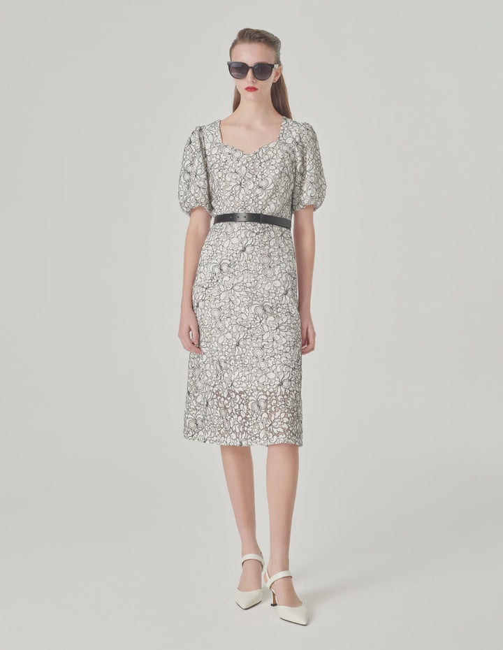 MARYLING Square Neck Puff Sleeve Lace Dress