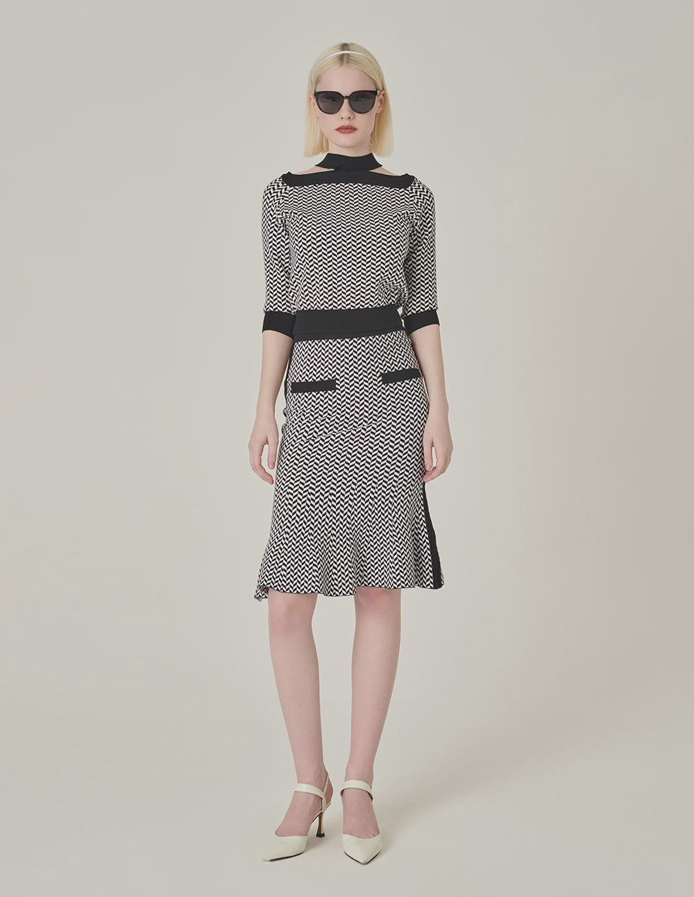 MARYLING Black And White Herringbone Fishtail Wool Knitted Skirt