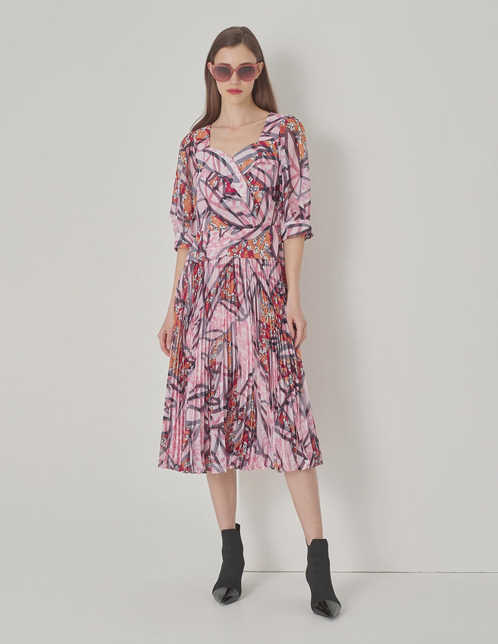 MARYLING Peach Blossom Square V Neck Cross Pleated Print Dress