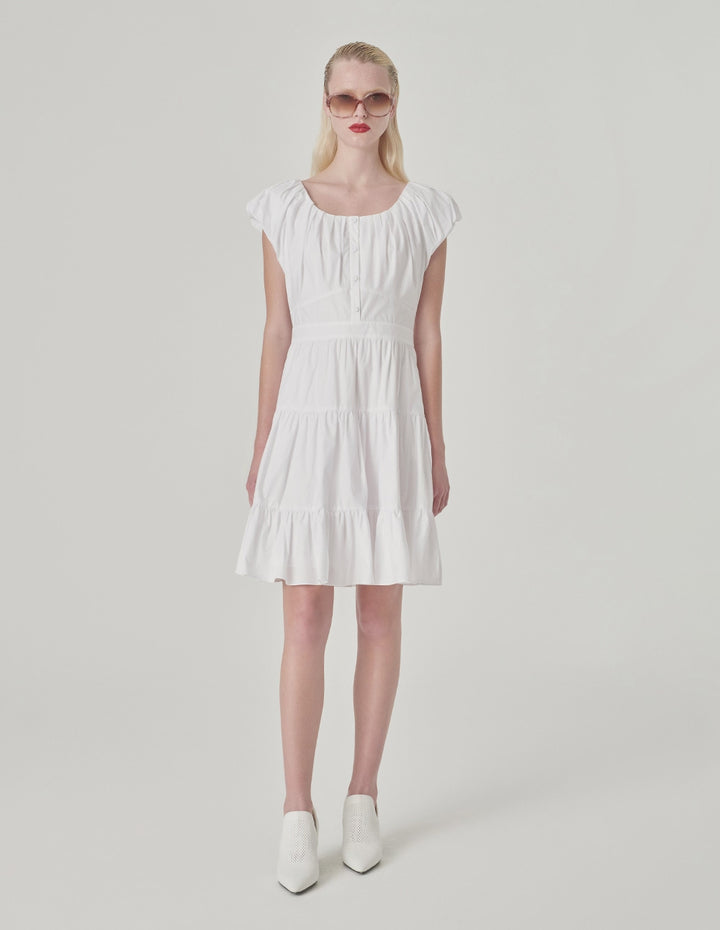 MARYLING Puff Sleeve Pleated Cotton Dress