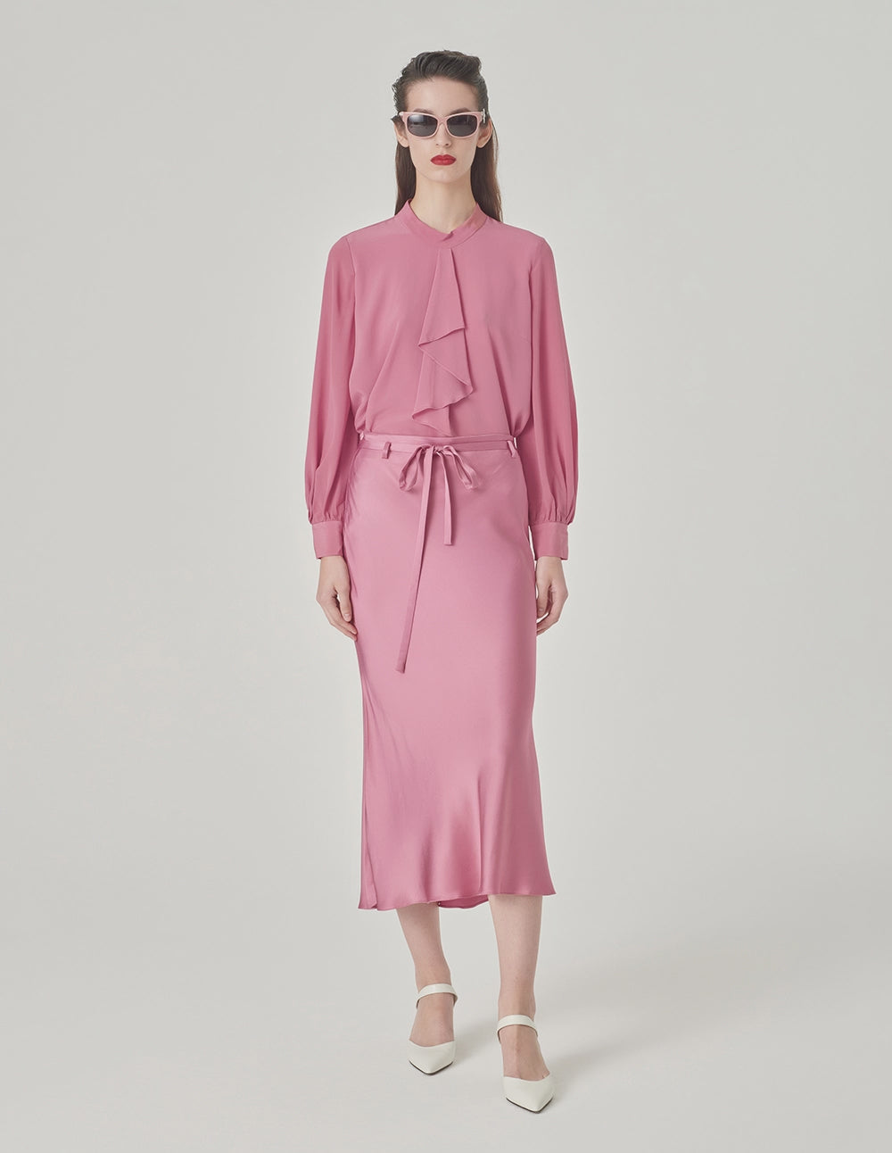 MARYLING Pink Stand Collar Ruffle Top