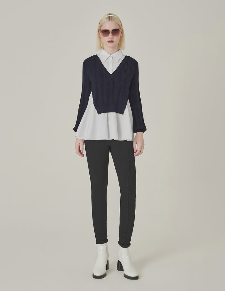 MARYLING Blue A& White Long-Sleeve Patchwork Knitted Blouse
