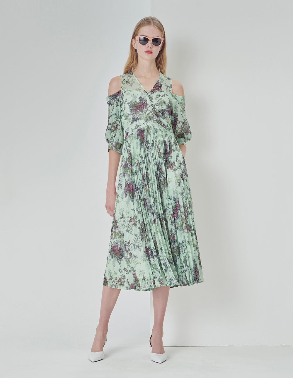 MARYLING Light Green Summer Jungle V-Neck Crossed Pleated Off-Shoulder Printed Dress