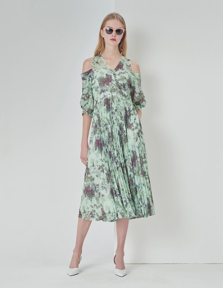 MARYLING Light Green Summer Jungle V-Neck Crossed Pleated Off-Shoulder Printed Dress