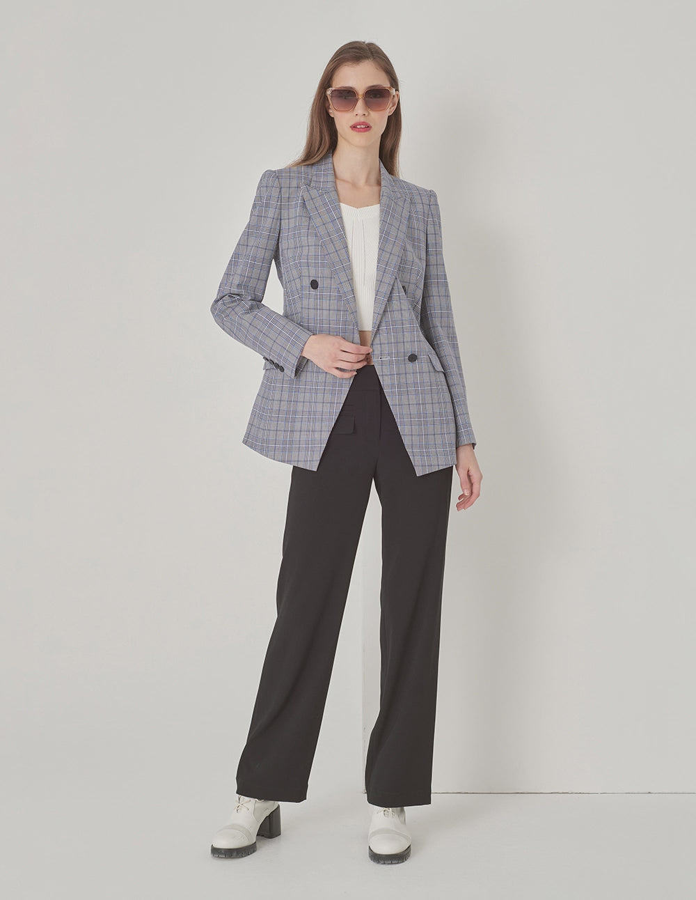 MARYLING Grey Check Gun Lapel Double Breasted Slim Blazer