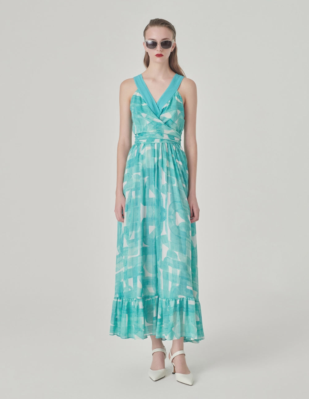 MARYLING Sleeveless Ruffled Hem Printed Dress