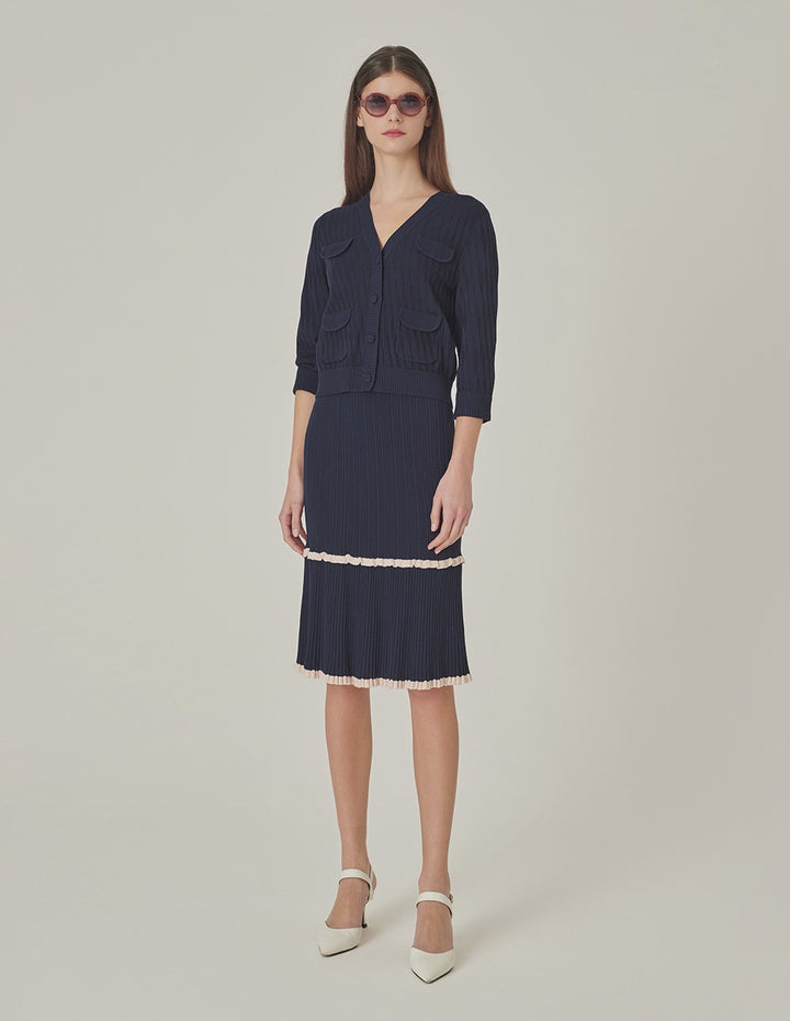 MARYLING Dark Blue V-Neck Two-Color Knitted Cardigan