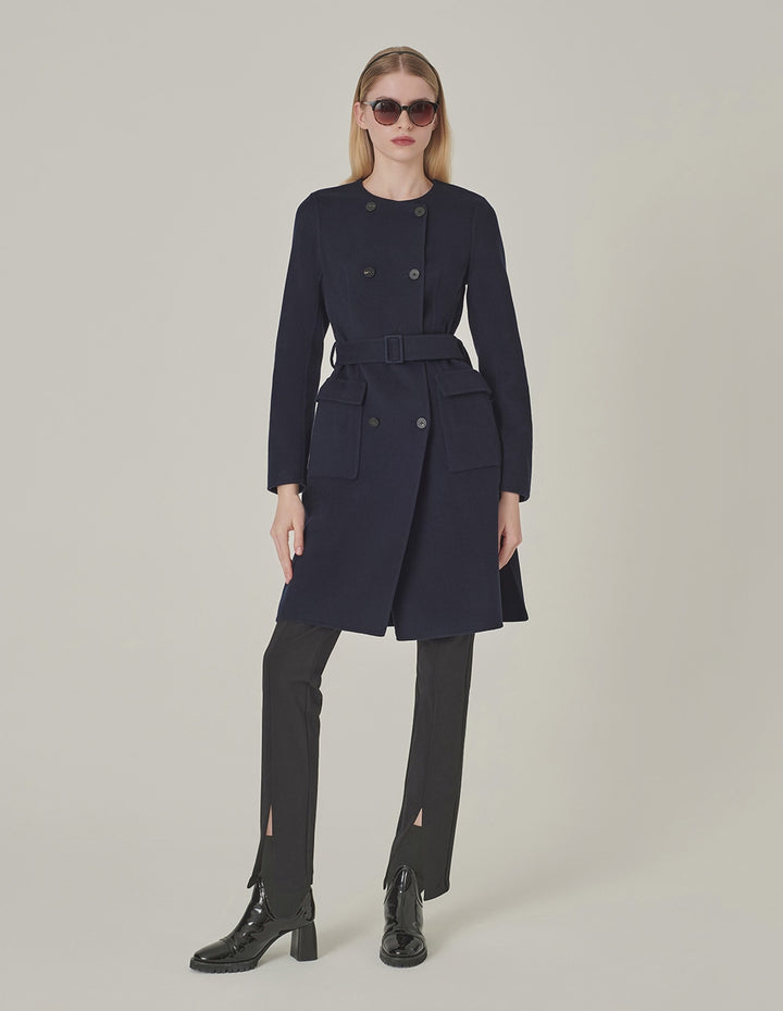 MARYLING Dark Blue Collarless Double-Breasted Coat
