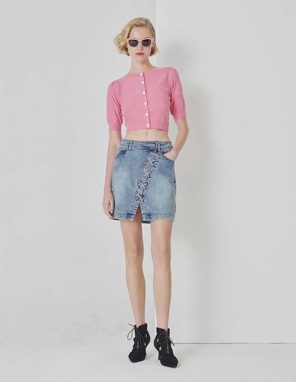 MARYLING Denim Blue Asymmetric Lace-Up Denim Skirt