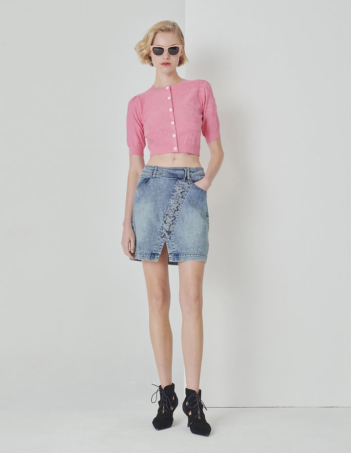 MARYLING Denim Blue Asymmetric Lace-Up Denim Skirt