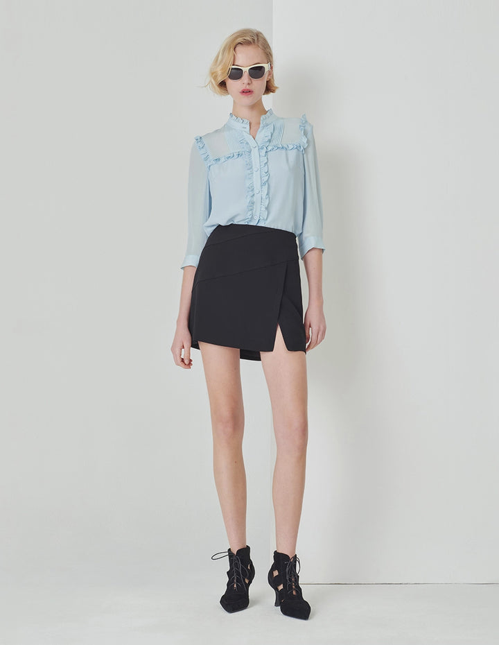 MARYLING Ice Blue Small Stand Collar Three Quarter Sleeve Shirt With Wooden Ears