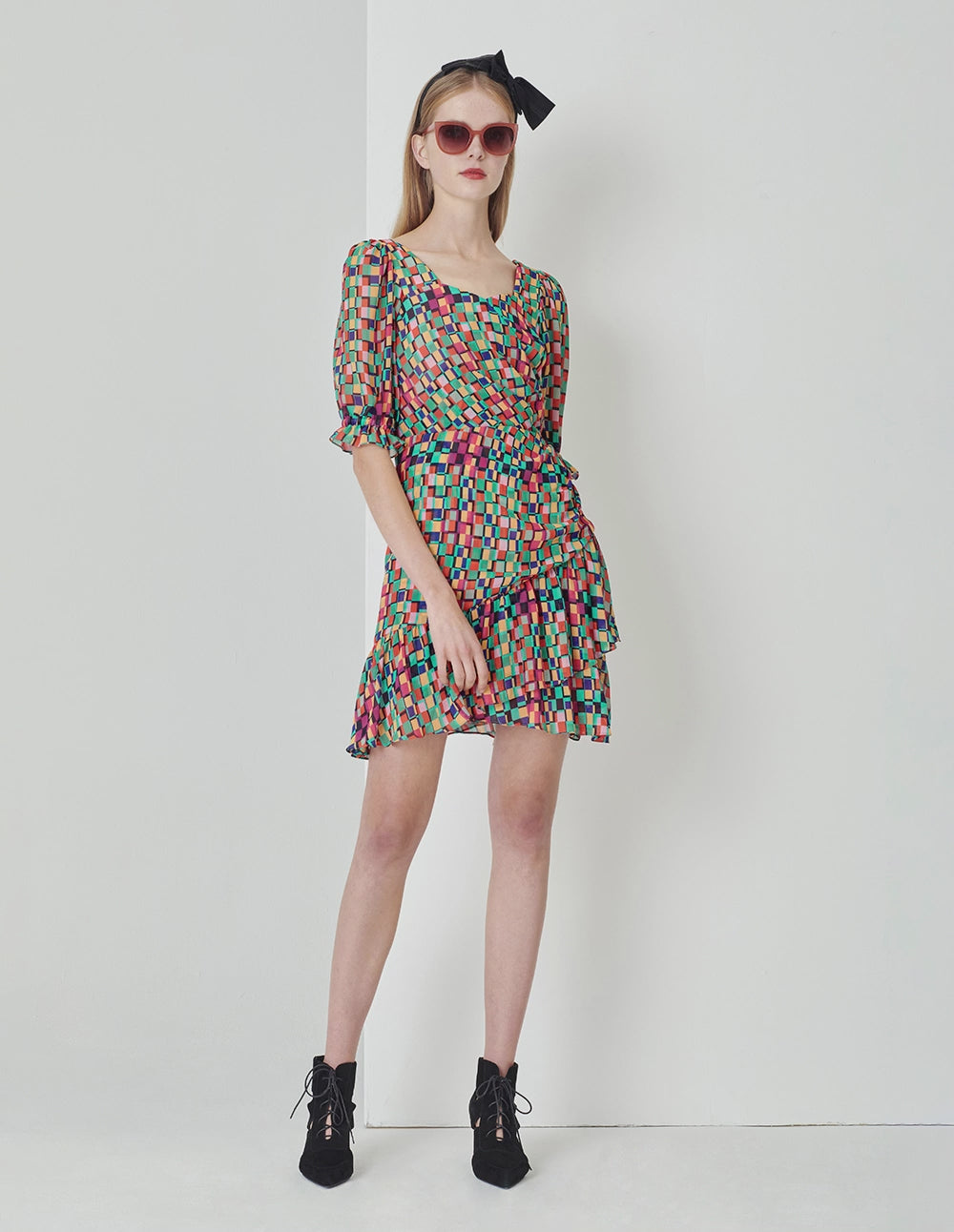 MARYLING Colourful Checkered Ruffle Detail Bubble Sleeve Printed Dress