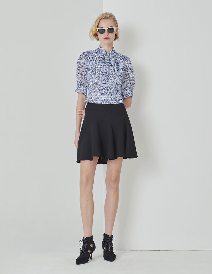 MARYLING Blue Heart-Shaped Pattern Tie Bow Print Top