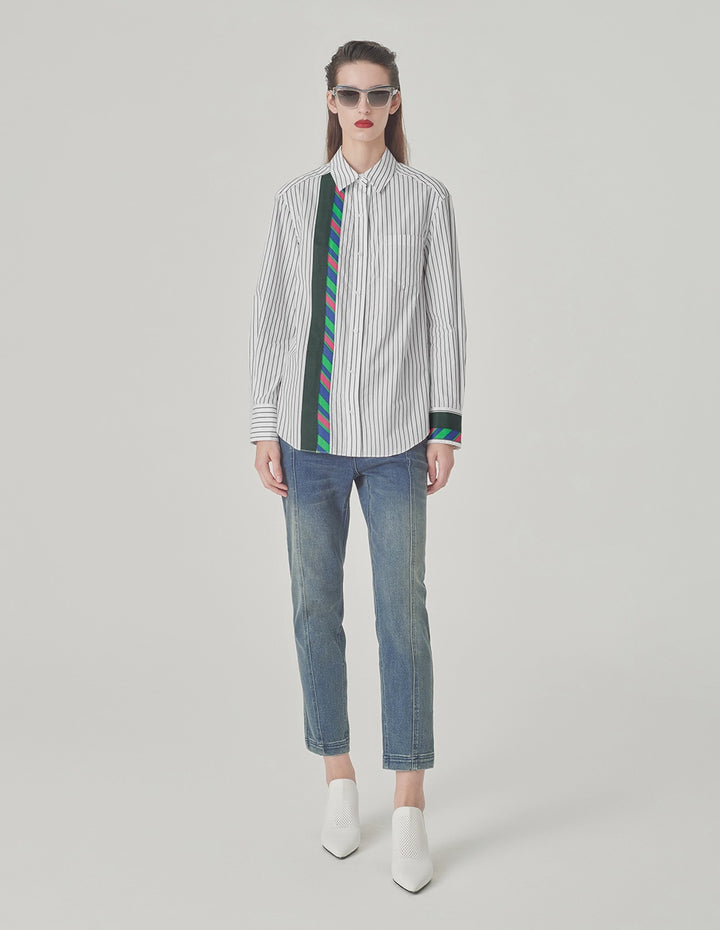 MARYLING Pinstriped Colorful Webbing Cotton Blouse