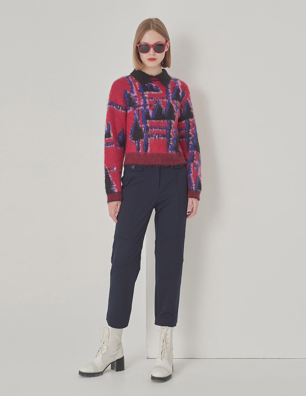 MARYLING Lapel Red And Blue Puzzle Knit Sweater