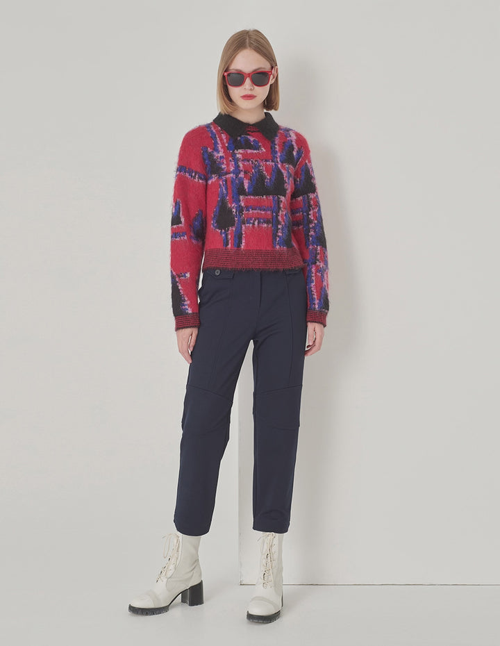 MARYLING Lapel Red And Blue Puzzle Knit Sweater