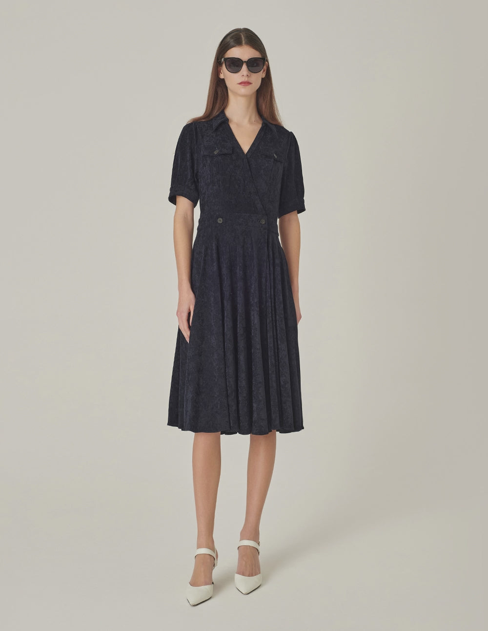 MARYLING V-Neck Short Sleeve Dark Blue Wrap Dress