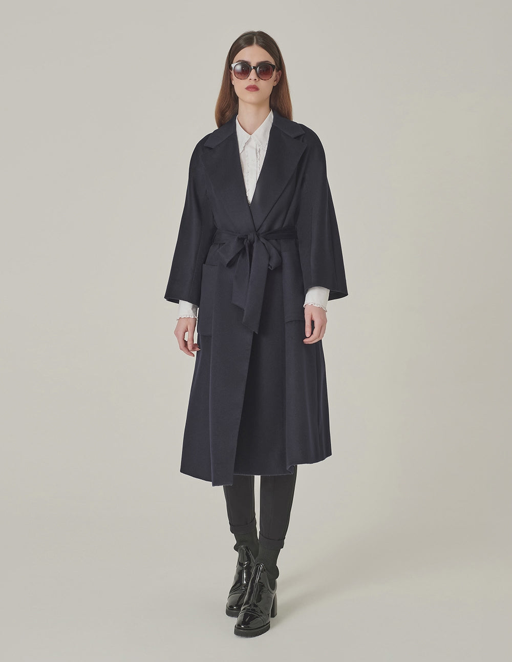 MARYLING Lapel Wrap A-Line Silhouette Silk-Cashmere Coat