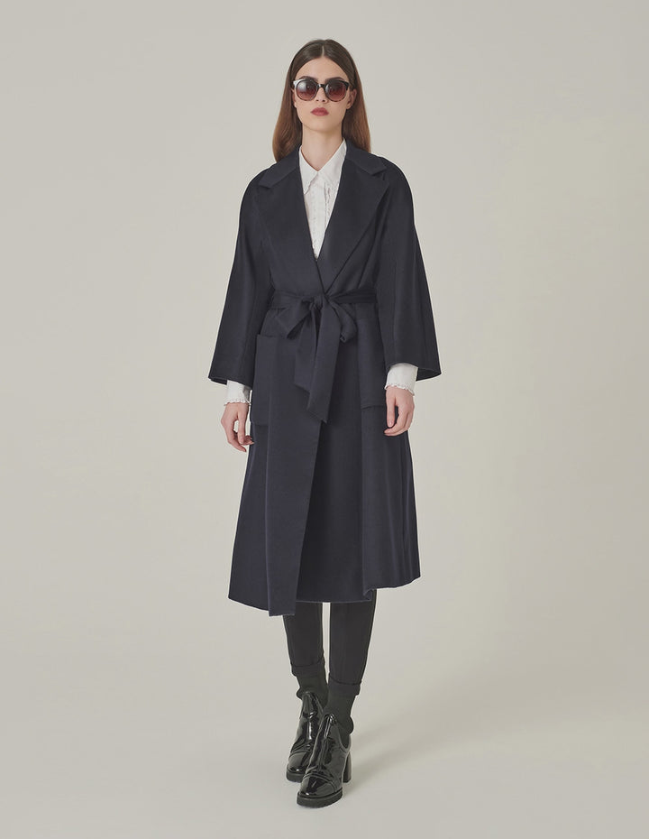 MARYLING Lapel Wrap A-Line Silhouette Silk-Cashmere Coat