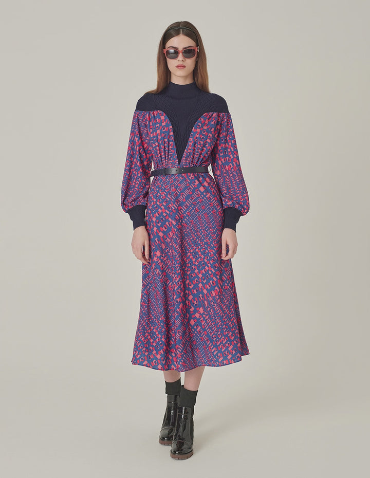 MARYLING Stand Collar Long-Sleeve Printed Patchwork Midi Knitted Dress