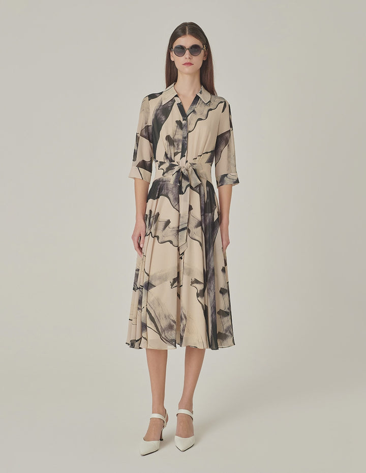 MARYLING 3/4 Sleeve Swing Print Shirt Dress