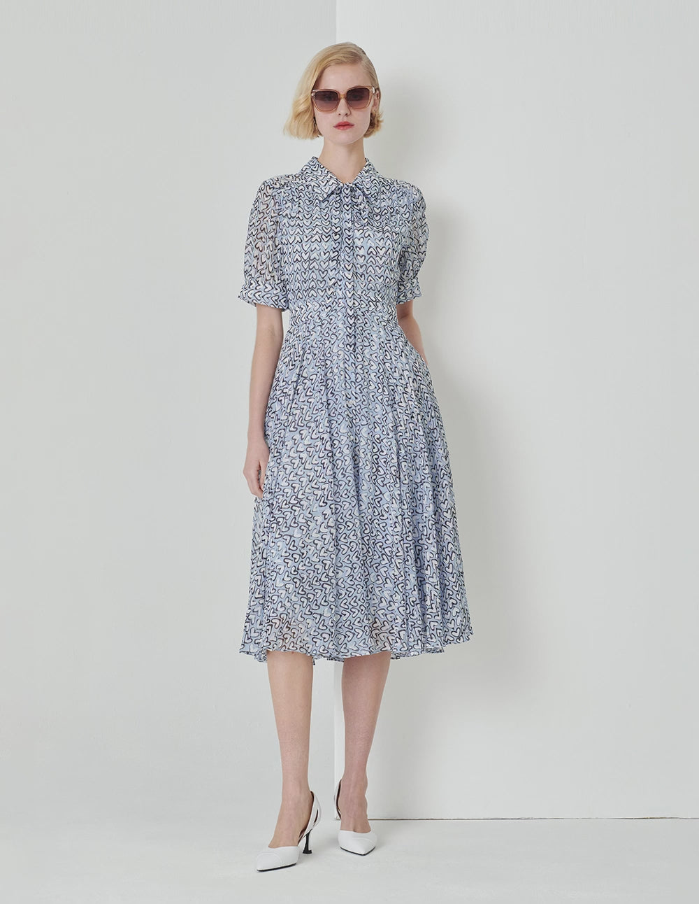 MARYLING Blue Heart Print Tie Bow Shirt Dress