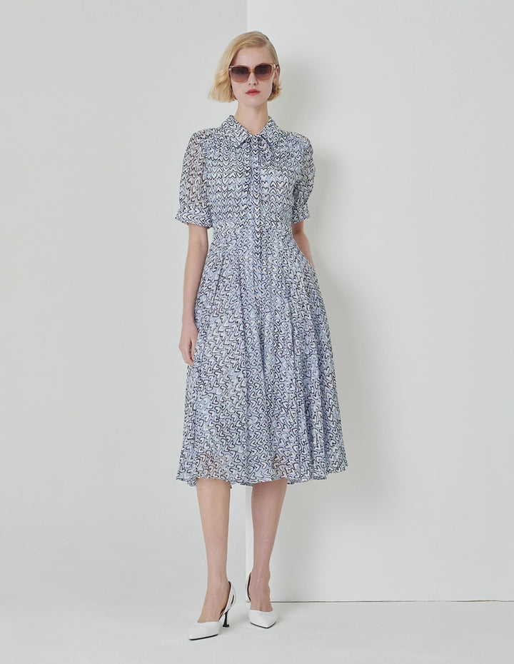 MARYLING Blue Heart Print Tie Bow Shirt Dress
