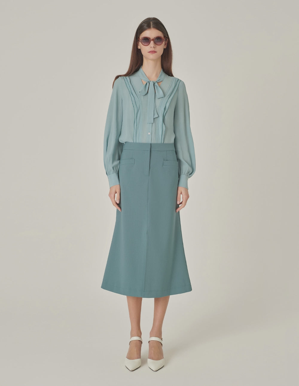 MARYLING Mist Blue Mid-Front Slit Knee-Length A-Line Skirt