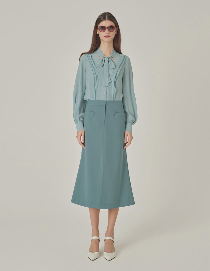MARYLING Mist Blue Mid-Front Slit Knee-Length A-Line Skirt